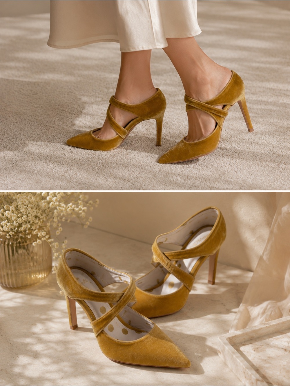 BODEN Kelsey Velvet Pointed-Toe Slingback Heels in Mustard
